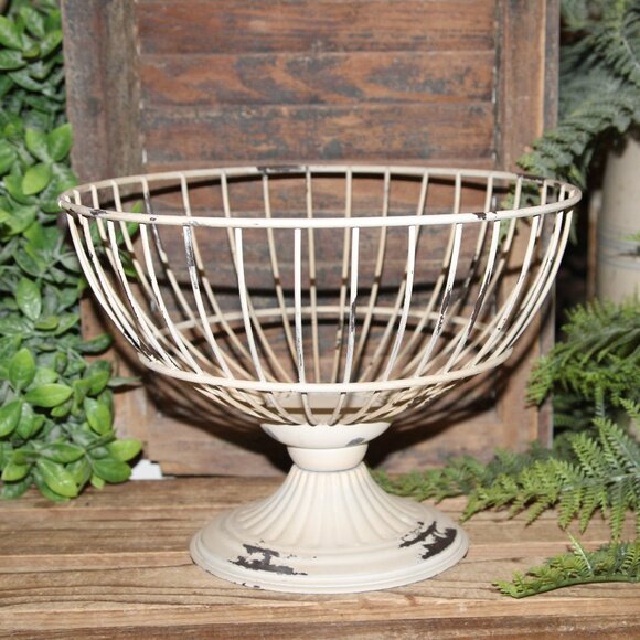 Large Taupe Beige Chippy Distressed Wrought Iron Pedestal Decor Dish Bowl - Picture 1 of 6